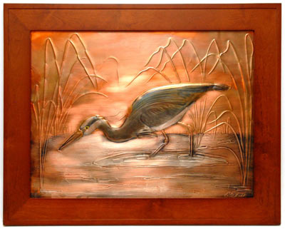 Hentzi Framed Copper Peaceful Heron Art