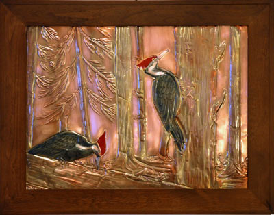 Hentzi Framed Copper Woodpecker Fireplace Art