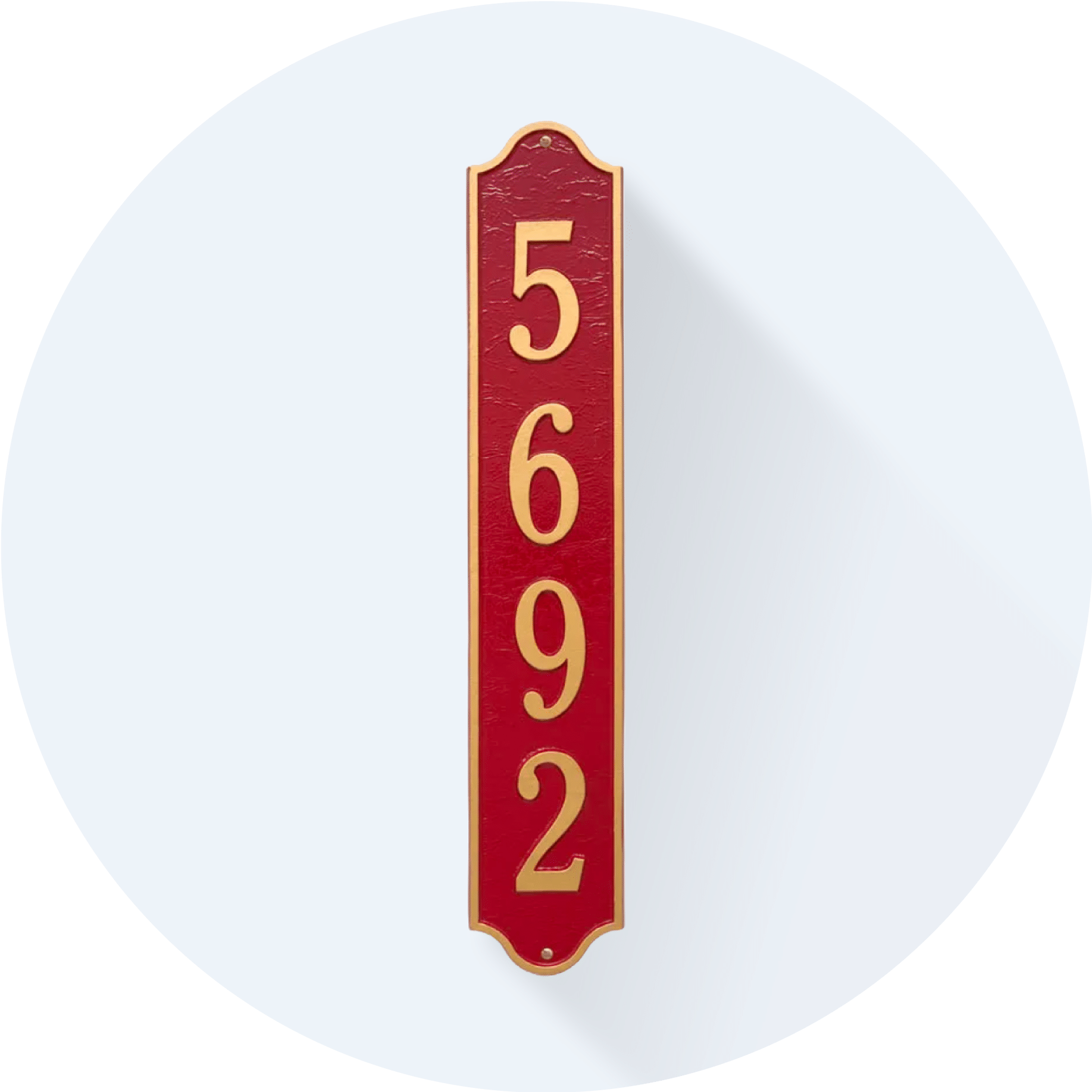 vertical copper house number in red