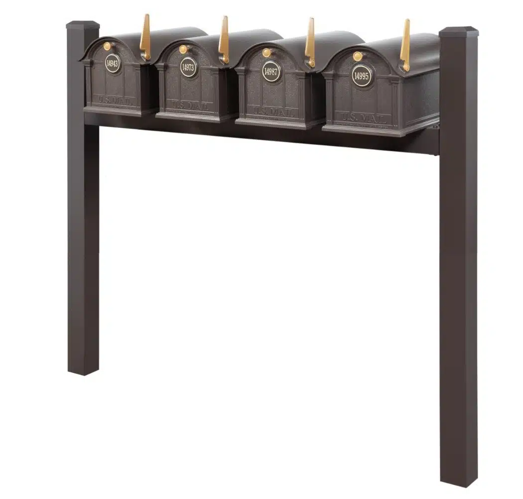 Balmoral Quad Mount Mailbox Set with Personalized Door Medallions & Cap Finials – Available in Black, Bronze, and White Product Image