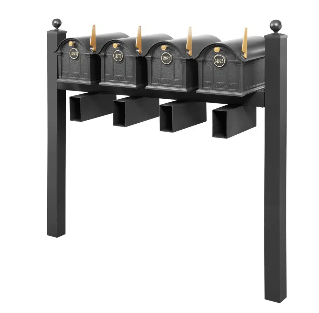 Balmoral Quad Mount Mailbox Set with Personalized Door Medallions, Newspaper Holders & Ball Finials – Available in Black, Bronze, and White Product Image