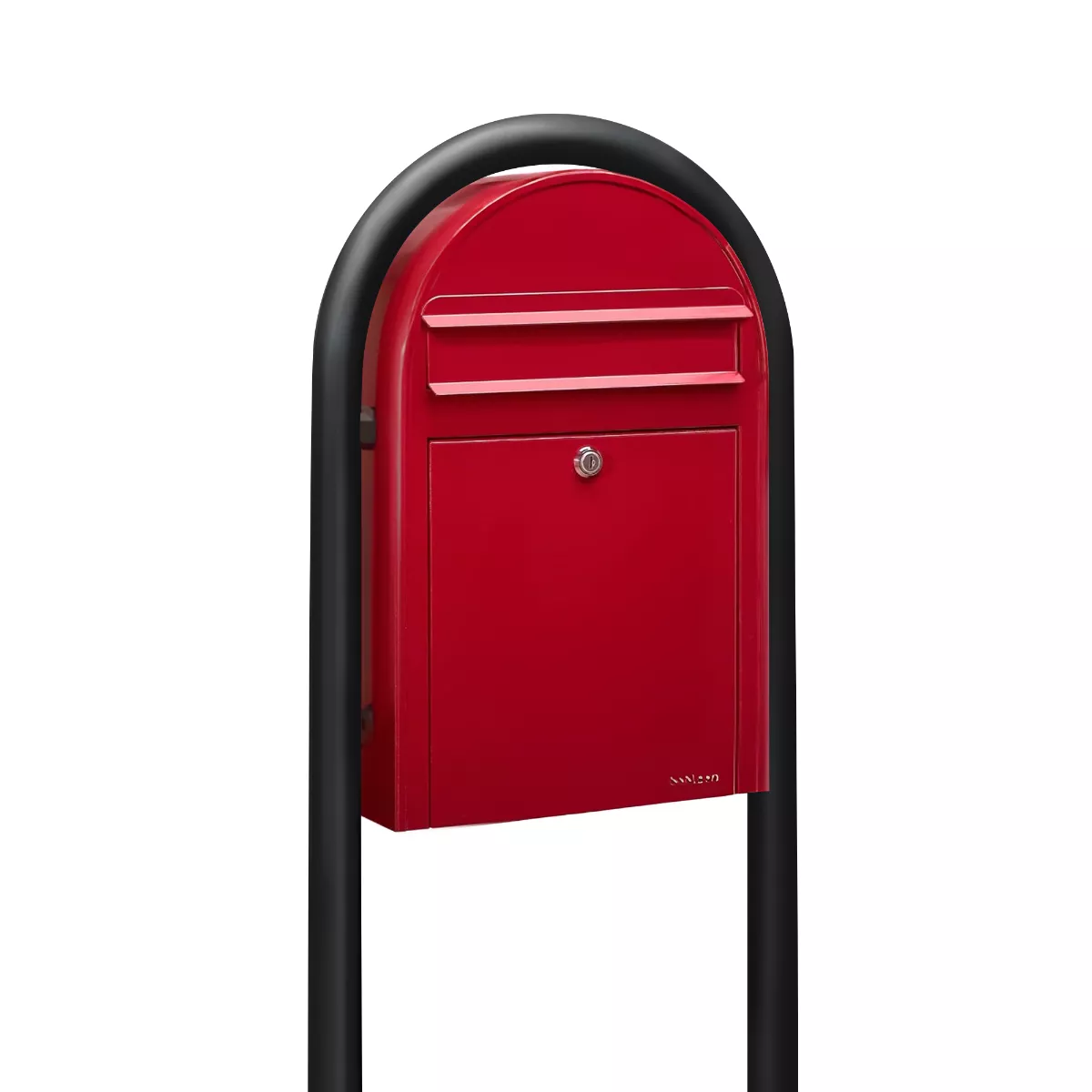 Bobi Classic Slim Front Access Modern Locking Red Mailbox and Round Black Post Combo Product Image