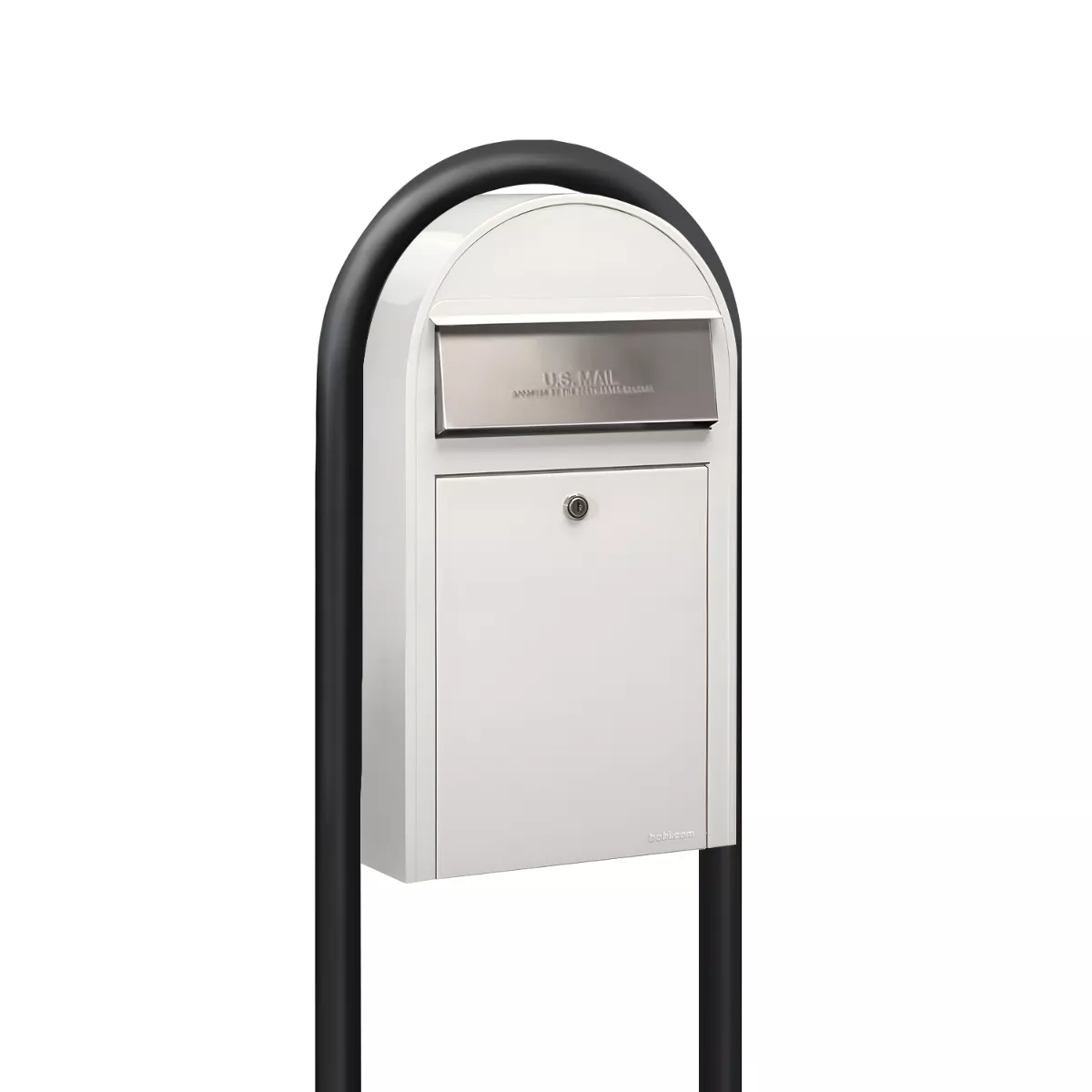 USPS Approved Bobi Grande Slim Front Access Modern Locking White Mailbox with Stainless Steel Mail Slot and Round Black Post Combo Product Image