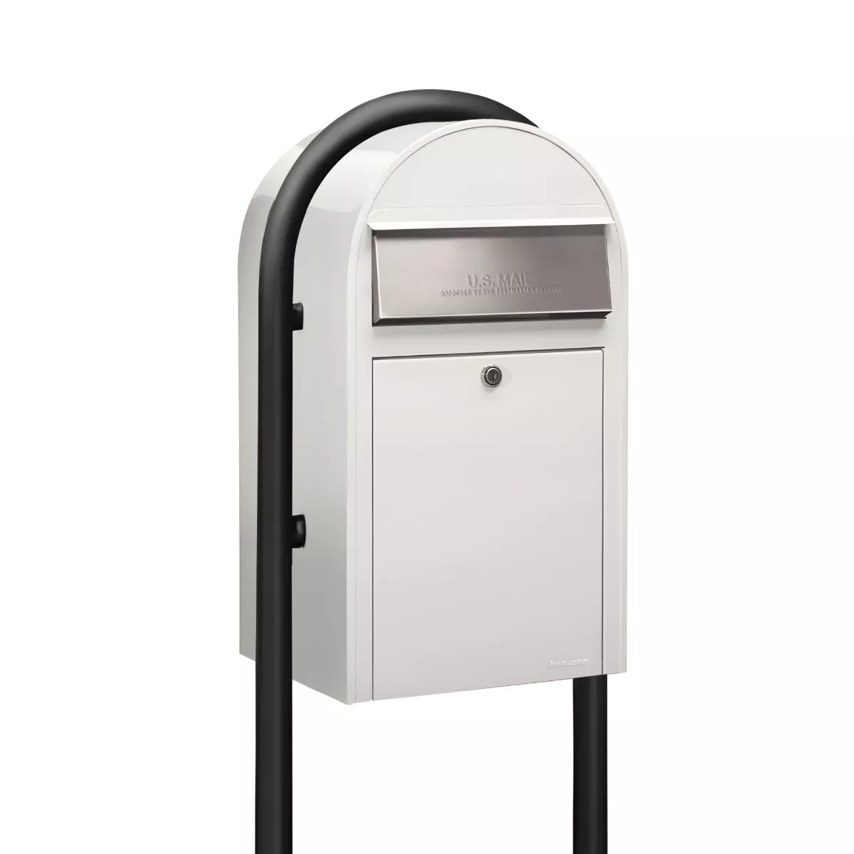 USPS Approved Bobi Grande Front Access Modern Locking White Mailbox with Stainless Steel Mail Slot and Round Black Post Combo Product Image