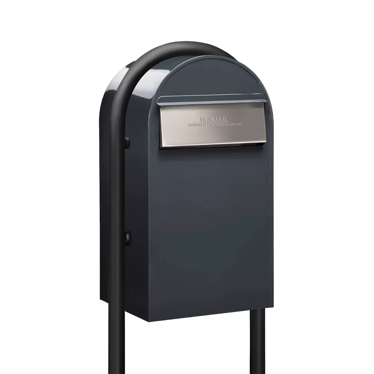 USPS Approved Bobi Grande B Rear Access Modern Locking Grey Mailbox with Round Black Post Combo – Stainless Steel Mail Slot – Secure Small Parcel Delivery Product Image