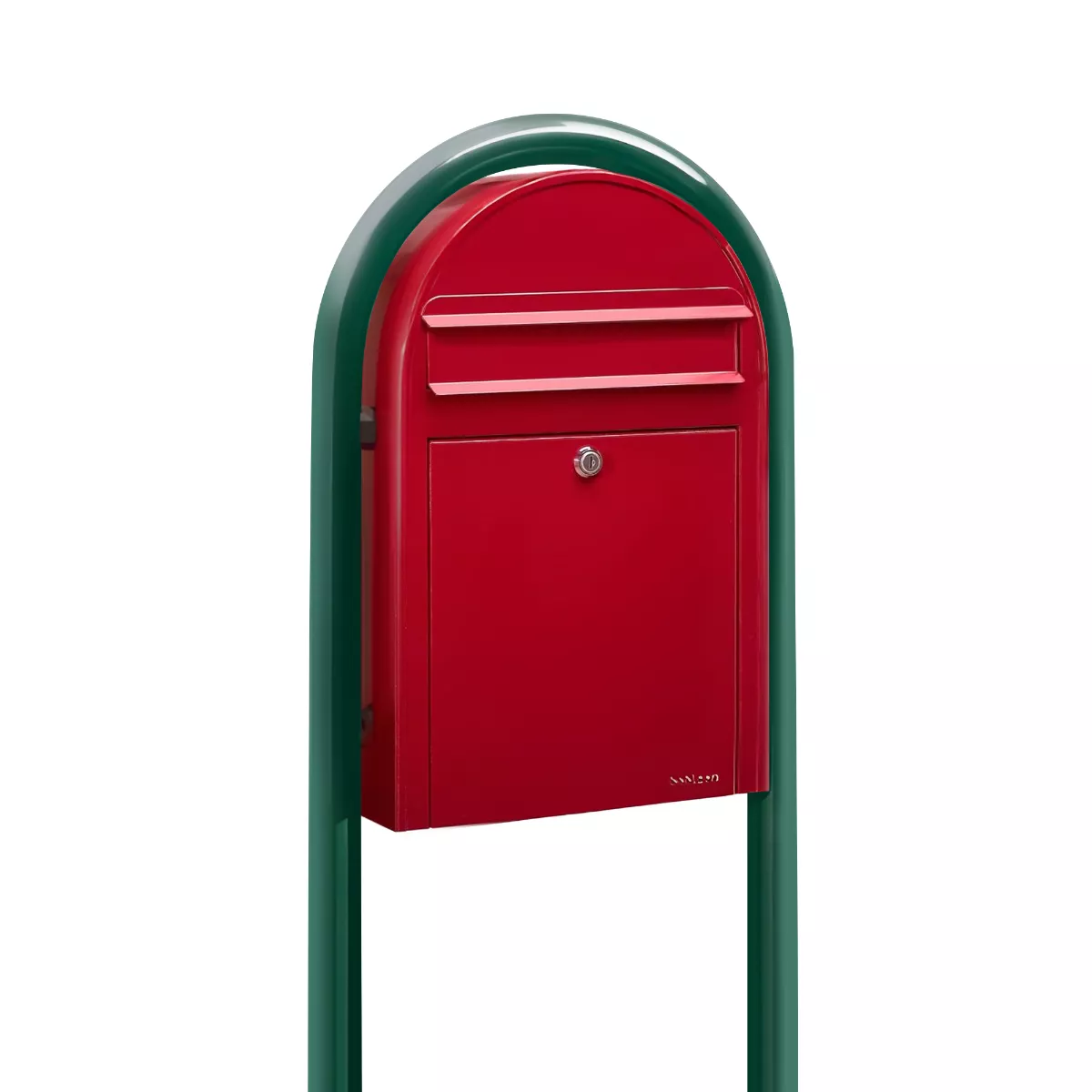 Bobi Classic Slim Front Access Modern Locking Red Mailbox and Round Green Post Combo Product Image