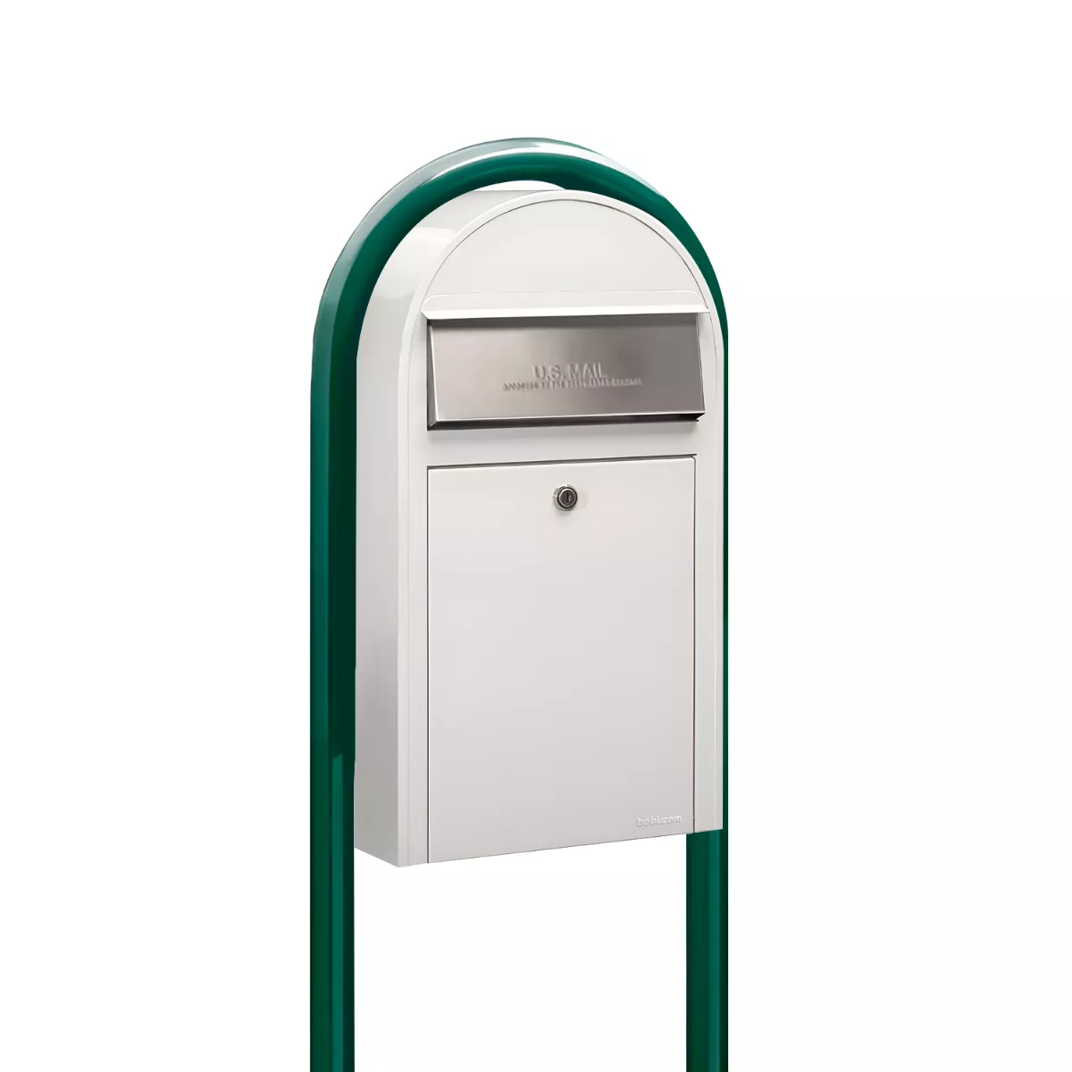 USPS Approved Bobi Grande Slim Front Access Modern Locking White Mailbox with Stainless Steel Mail Slot and Round Green Post Combo Product Image