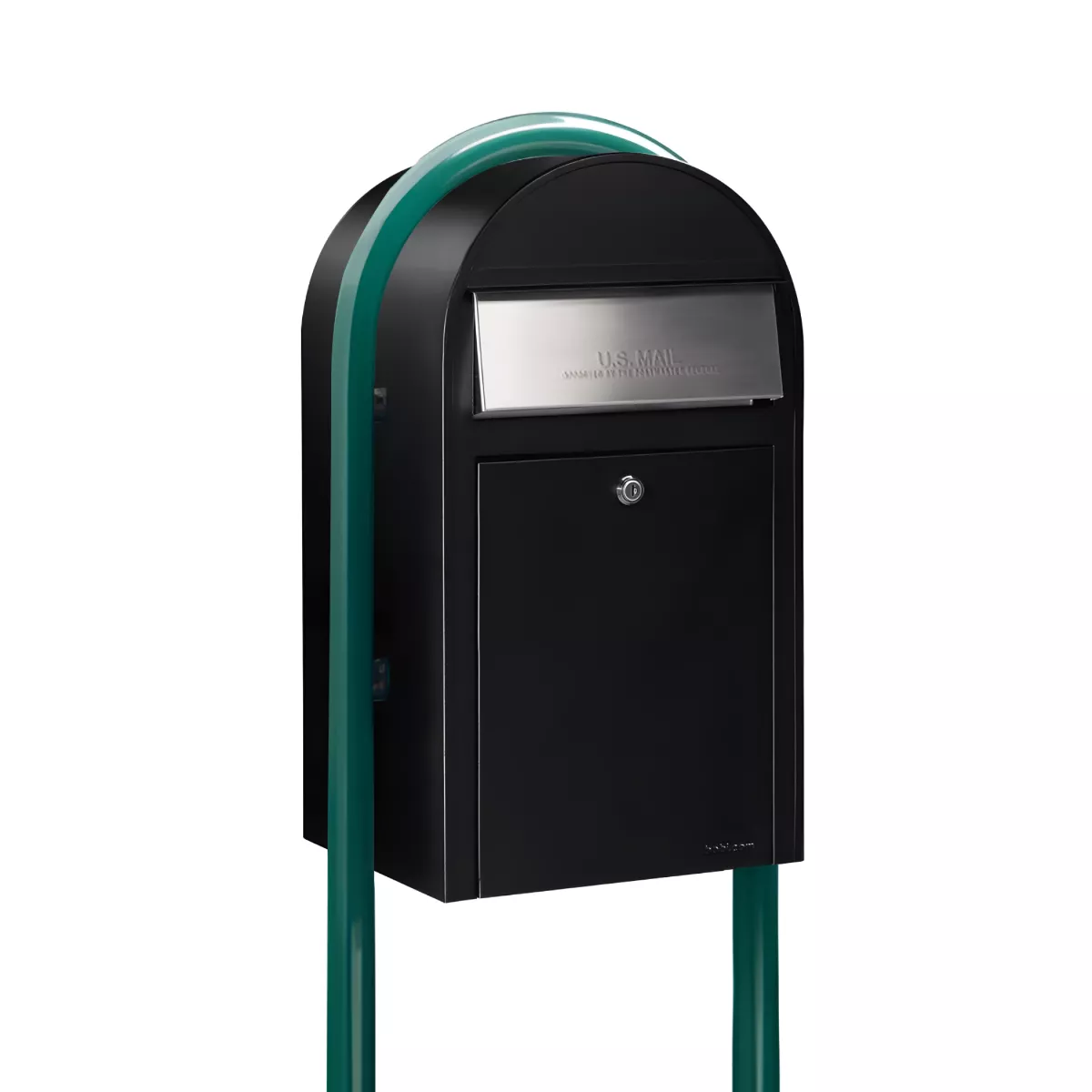 USPS Approved Bobi Grande Front Access Modern Locking Black Mailbox with Stainless Steel Mail Slot and Round Green Post Combo Product Image