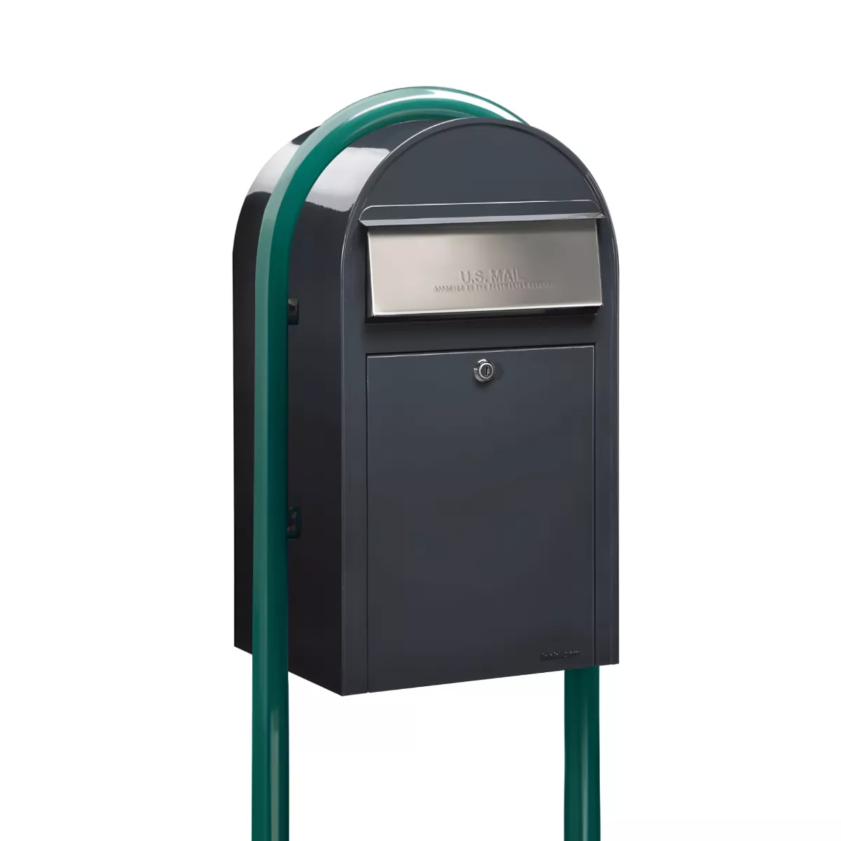USPS Approved Bobi Grande Front Access Modern Locking Grey Mailbox with Stainless Steel Mail Slot and Round Green Post Combo Product Image