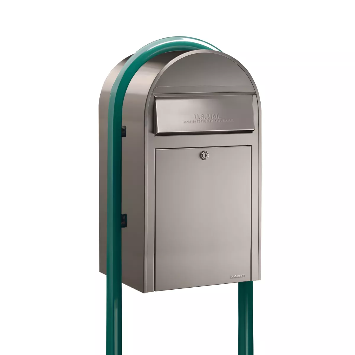 USPS Approved Bobi Grande Front Access Modern Locking Stainless Steel Mailbox with Round Green Post Combo Product Image