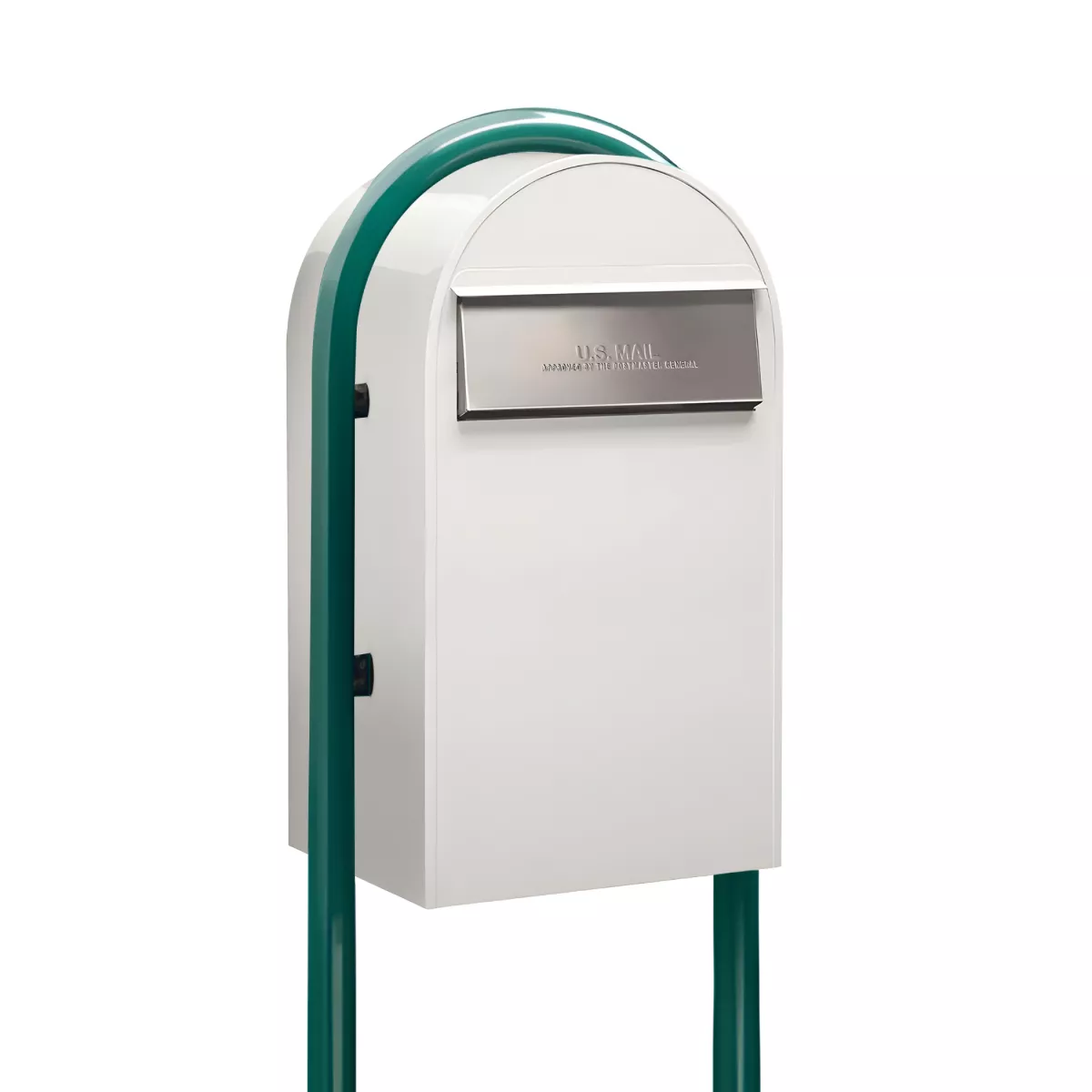 USPS Approved Bobi Grande B Rear Access Modern Locking White Mailbox with Round Green Post Combo – Stainless Steel Mail Slot – Secure Small Parcel Delivery Product Image