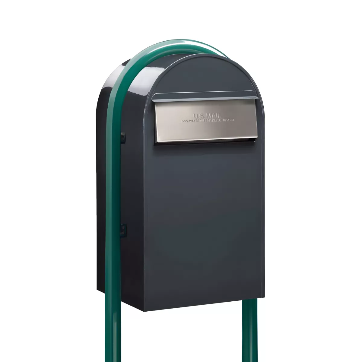 USPS Approved Bobi Grande B Rear Access Modern Locking Grey Mailbox with Round Green Post Combo – Stainless Steel Mail Slot – Secure Small Parcel Delivery Product Image