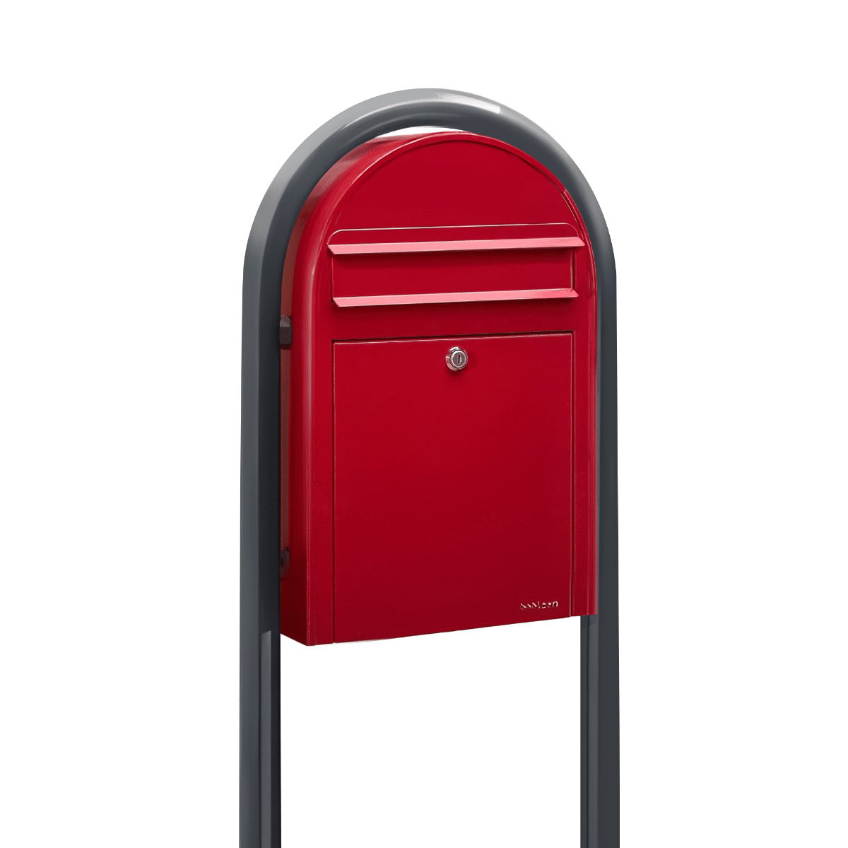 Bobi Classic Slim Front Access Modern Locking Red Mailbox and Round Grey Post Combo Product Image