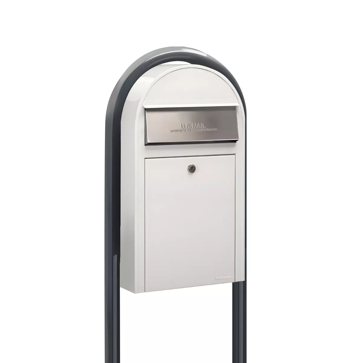 USPS Approved Bobi Grande Slim Front Access Modern Locking White Mailbox with Stainless Steel Mail Slot and Round Grey Post Combo Product Image