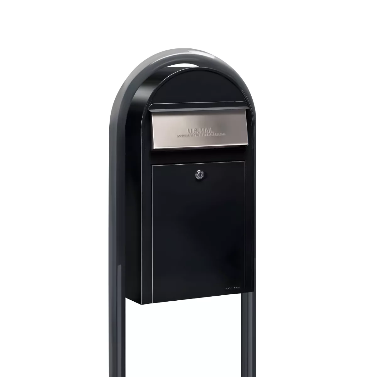 USPS Approved Bobi Grande Slim Front Access Modern Locking Black Mailbox with Stainless Steel Mail Slot and Round Grey Post Combo Product Image