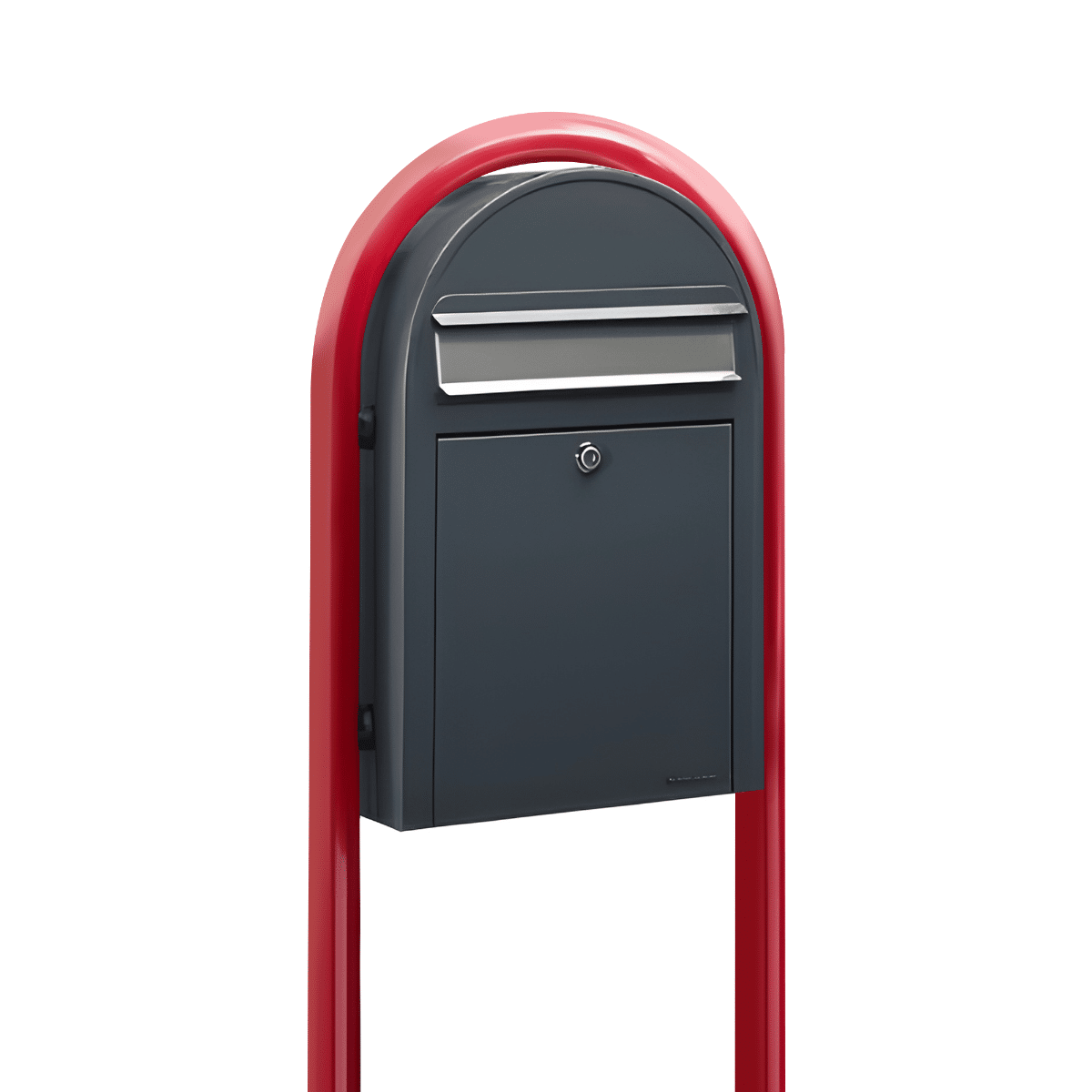 Bobi Classic Slim Front Access Modern Locking Grey Mailbox with Stainless Steel Mail Slot and Round Red Post Combo Product Image