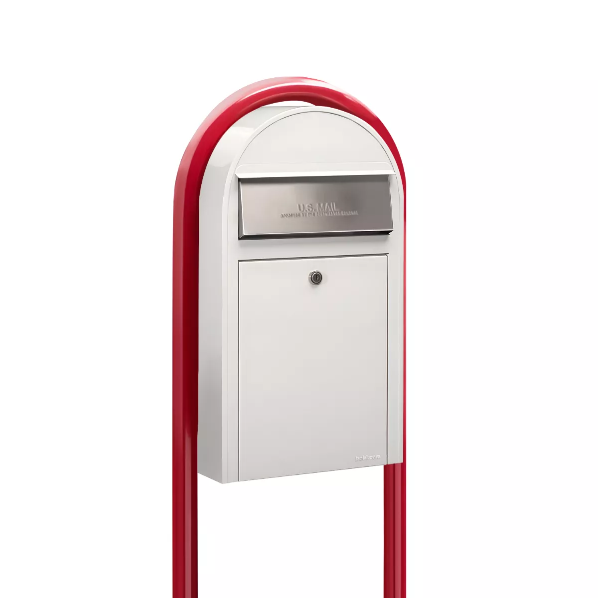 USPS Approved Bobi Grande Slim Front Access Modern Locking White Mailbox with Stainless Steel Mail Slot and Round Red Post Combo Product Image