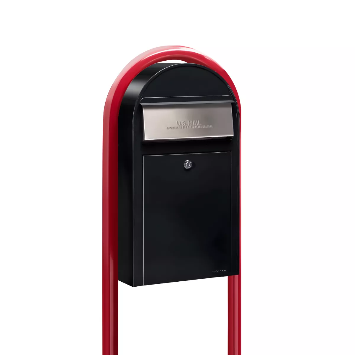 USPS Approved Bobi Grande Slim Front Access Modern Locking Black Mailbox with Stainless Steel Mail Slot and Round Red Post Combo Product Image