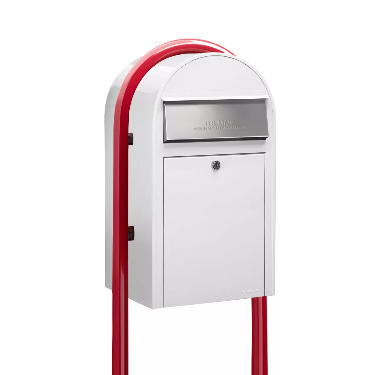 USPS Approved Bobi Grande Front Access Modern Locking White Mailbox with Stainless Steel Mail Slot and Round Red Post Combo Product Image
