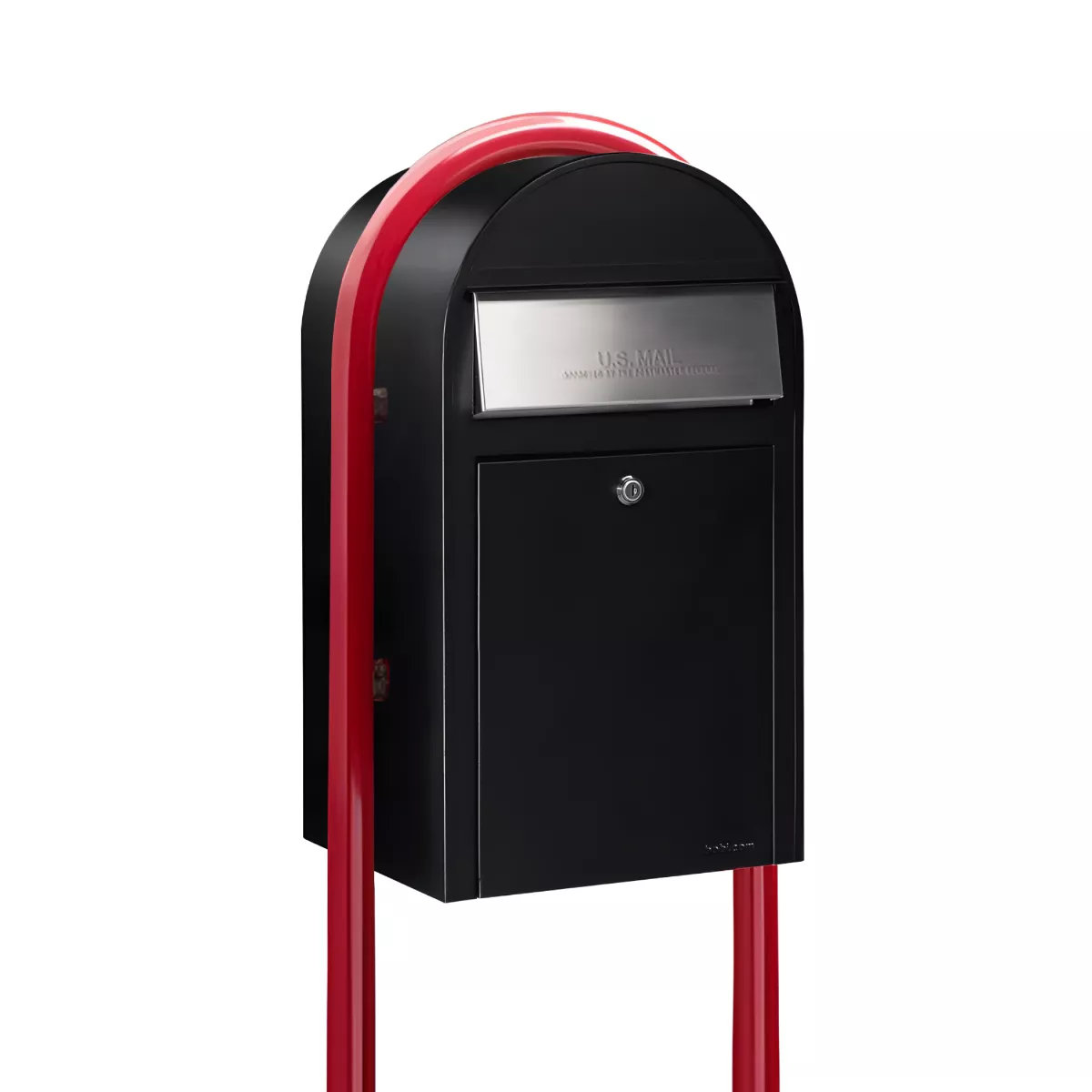 USPS Approved Bobi Grande Front Access Modern Locking Black Mailbox with Stainless Steel Mail Slot and Round Red Post Combo Product Image