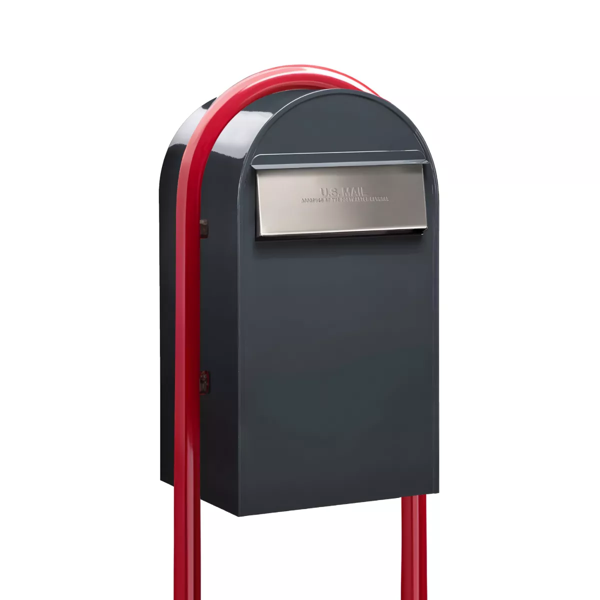 USPS Approved Bobi Grande B Rear Access Modern Locking Grey Mailbox with Round Red Post Combo – Stainless Steel Mail Slot – Secure Small Parcel Delivery Product Image