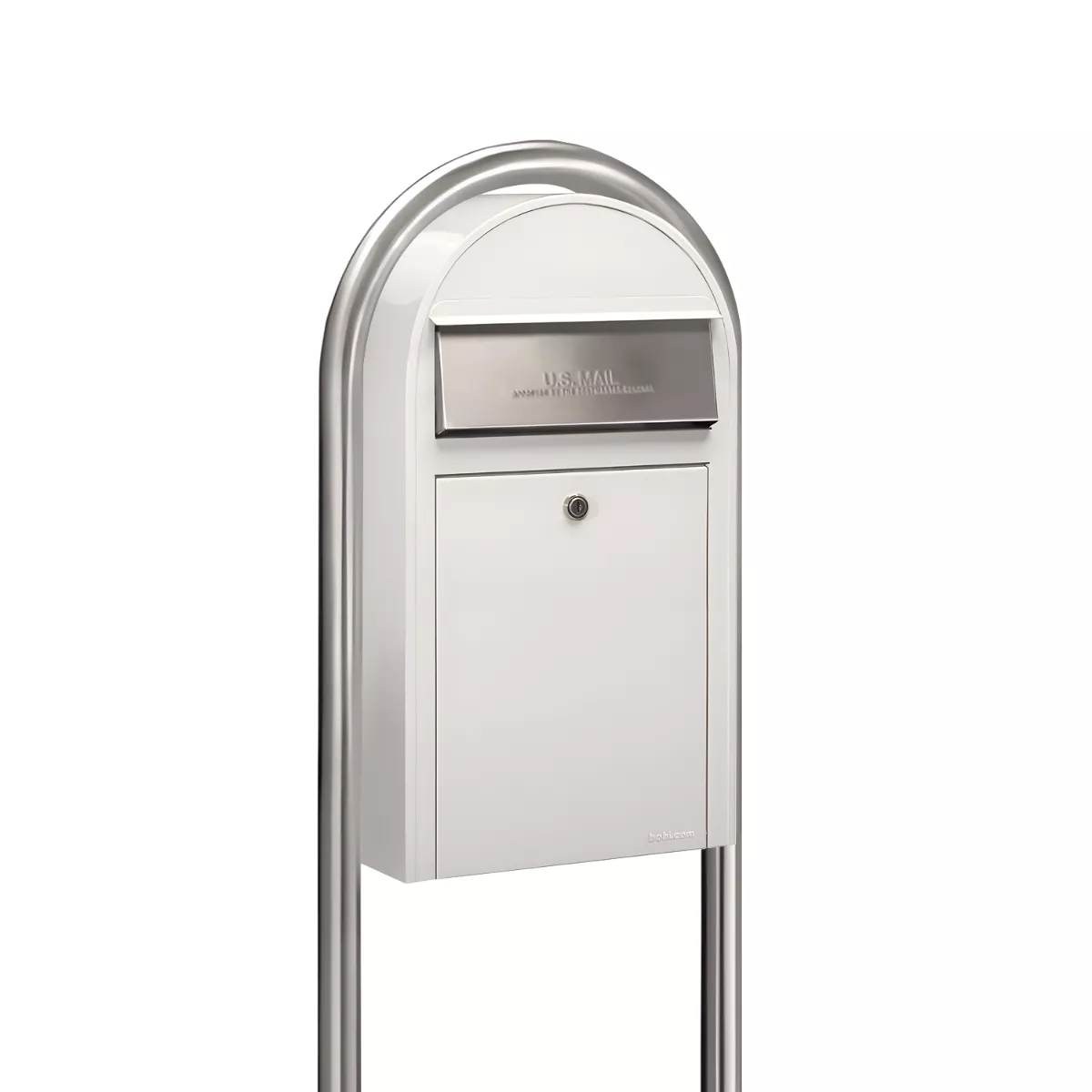 USPS Approved Bobi Grande Slim Front Access Modern Locking White Mailbox with Round Stainless Steel Post Combo Product Image