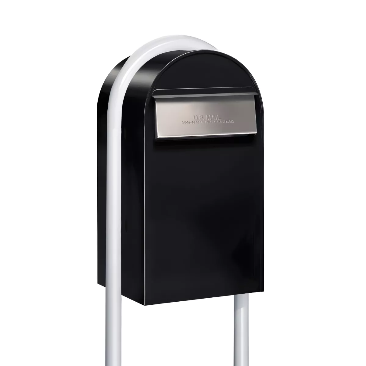 USPS Approved Bobi Grande B Rear Access Modern Locking Black Mailbox with Round White Post Combo – Stainless Steel Mail Slot – Secure Small Parcel Delivery Product Image