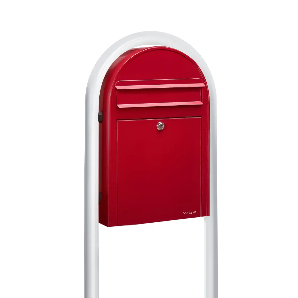 Bobi Classic Slim Front Access Modern Locking Red Mailbox and Round White Post Combo Product Image