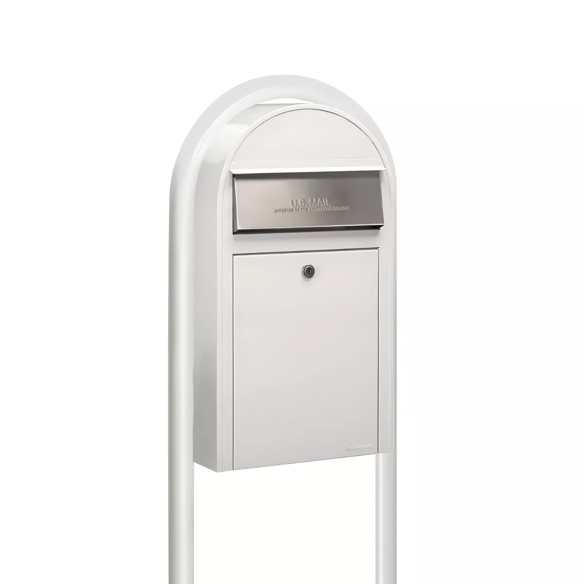 USPS Approved Bobi Grande Slim Front Access Modern Locking White Mailbox with Round White Post Combo Product Image