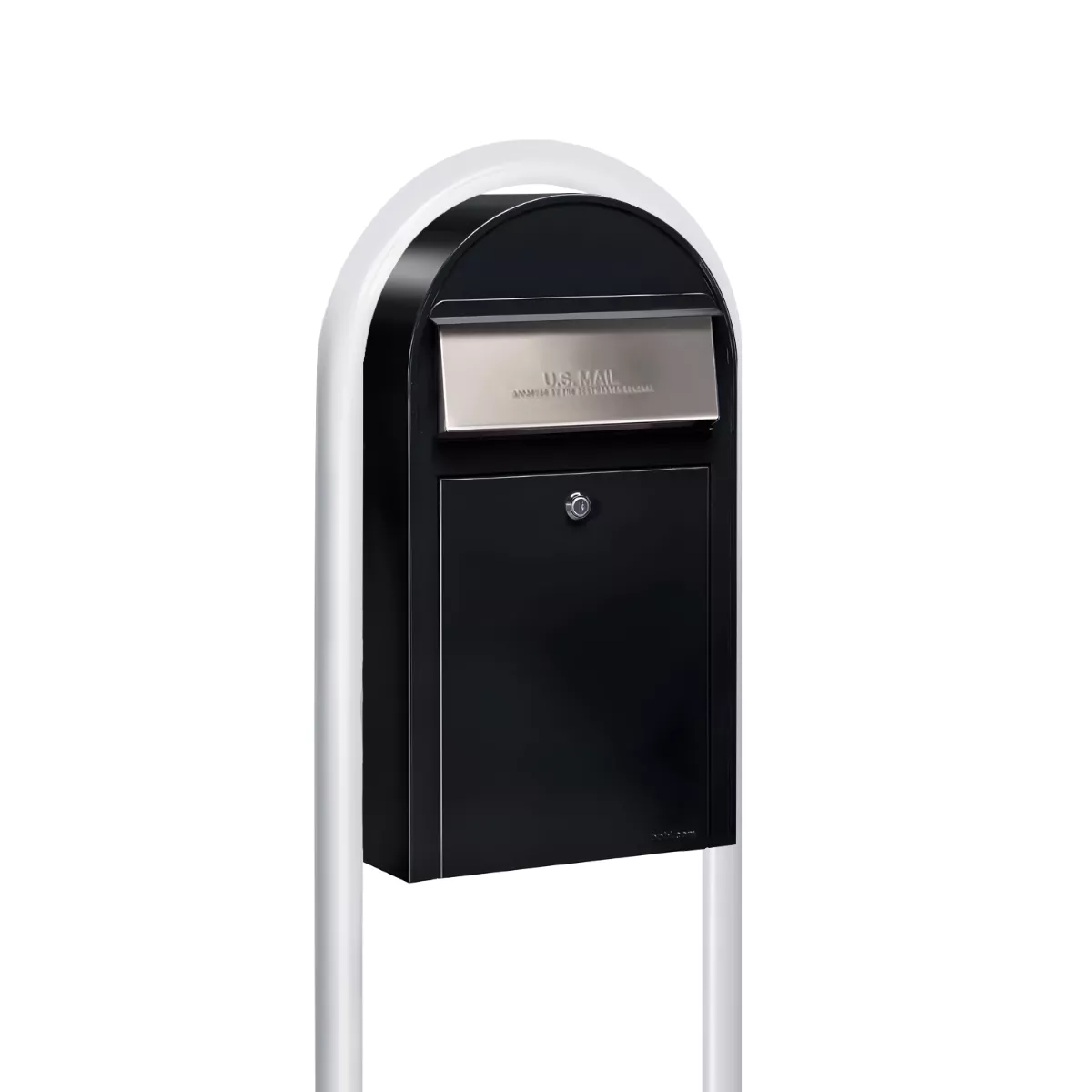 USPS Approved Bobi Grande Slim Front Access Modern Locking Black Mailbox with Stainless Steel Mail Slot and Round White Post Combo Product Image