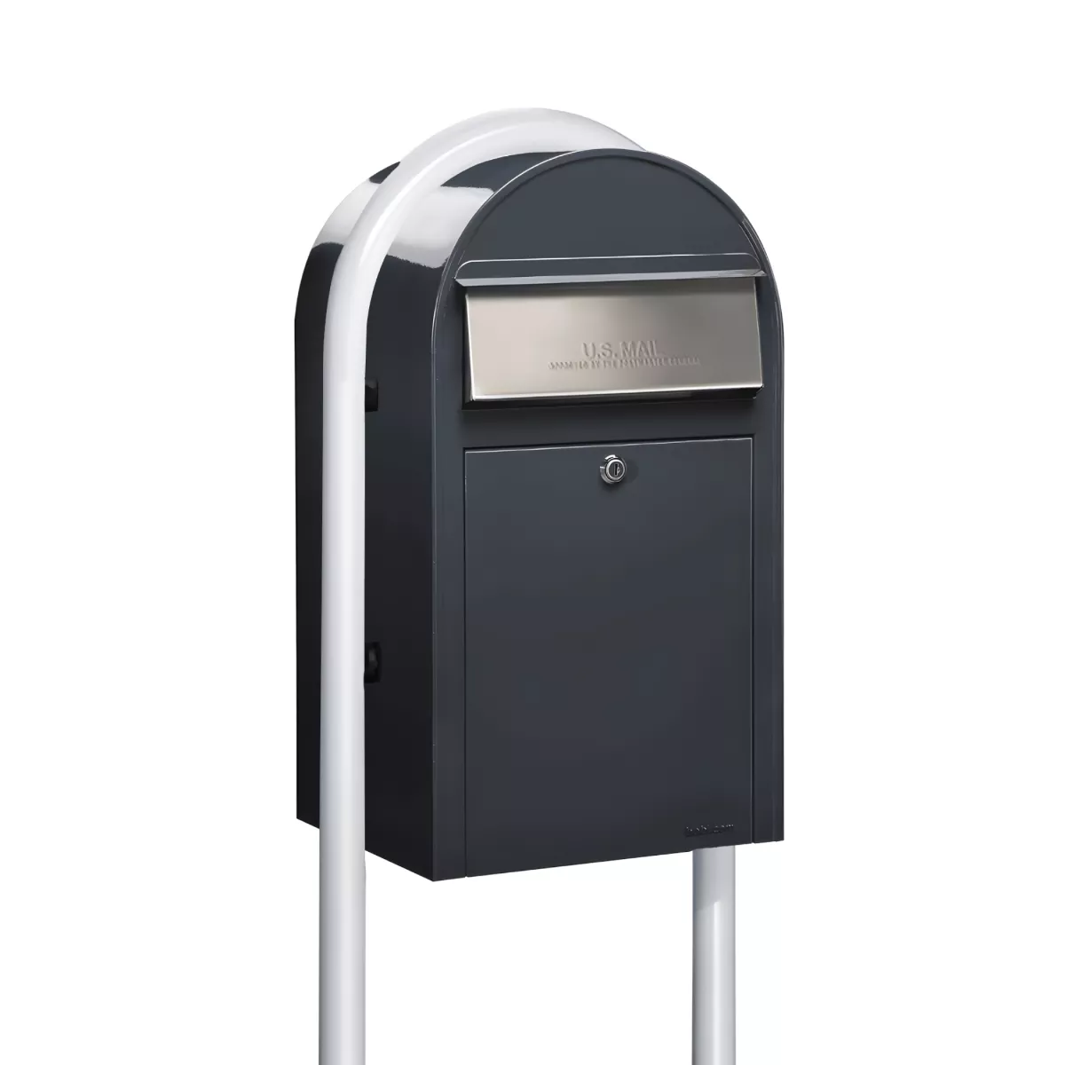 USPS Approved Bobi Grande Front Access Modern Locking Grey Mailbox with Stainless Steel Mail Slot and Round White Post Combo Product Image