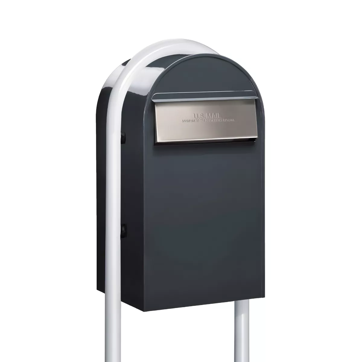 USPS Approved Bobi Grande B Rear Access Modern Locking Grey Mailbox with Round White Post Combo – Stainless Steel Mail Slot – Secure Small Parcel Delivery Product Image