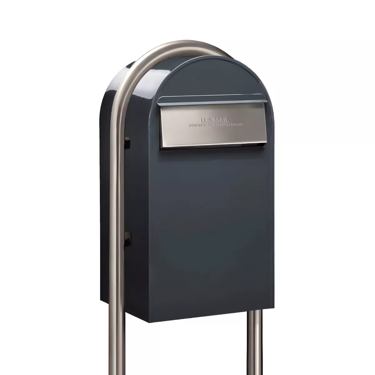 USPS Approved Bobi Grande B Rear Access Modern Locking Grey Mailbox with Round Zinc Post Combo – Stainless Steel Mail Slot – Secure Small Parcel Delivery Product Image