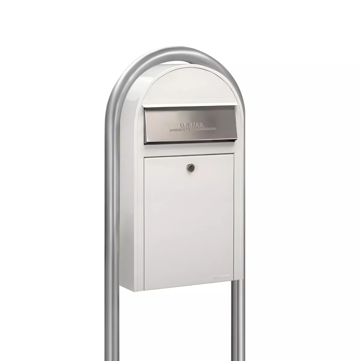 USPS Approved Bobi Grande Slim Front Access Modern Locking White Mailbox with Stainless Steel Mail Slot and Round Zinc Post Combo Product Image