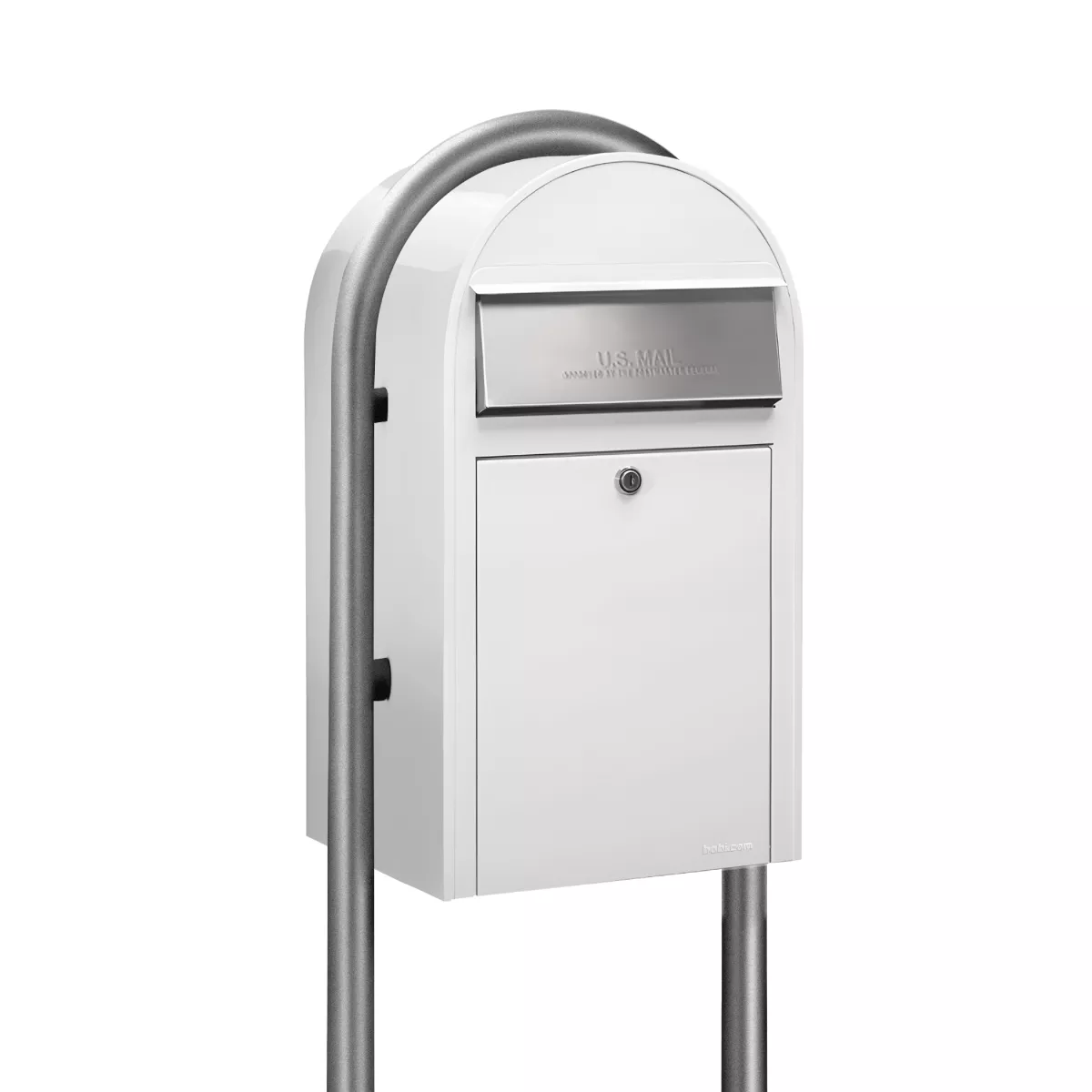 USPS Approved Bobi Grande Front Access Modern Locking White Mailbox with Stainless Steel Mail Slot and Round Zinc Post Combo Product Image