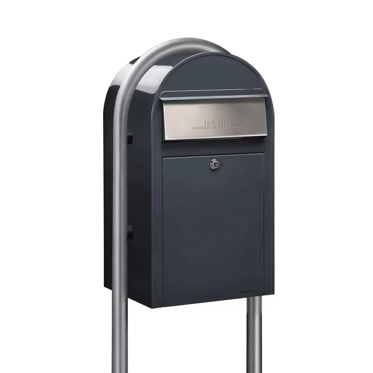 USPS Approved Bobi Grande Front Access Modern Locking Grey Mailbox with Stainless Steel Mail Slot and Round Zinc Post Combo Product Image