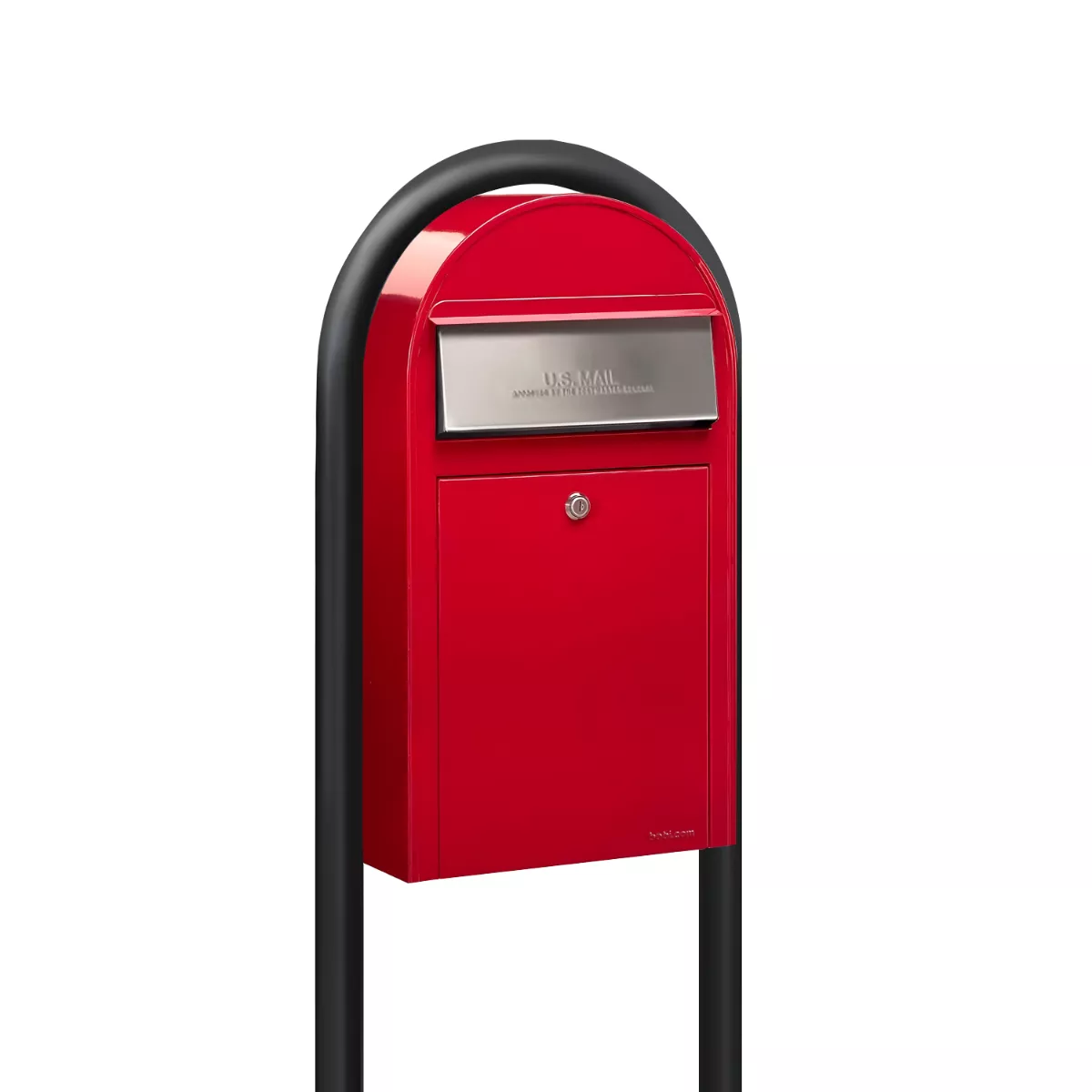 USPS Approved Bobi Grande Slim Front Access Modern Locking Red Mailbox with Stainless Steel Mail Slot and Round Black Post Combo Product Image