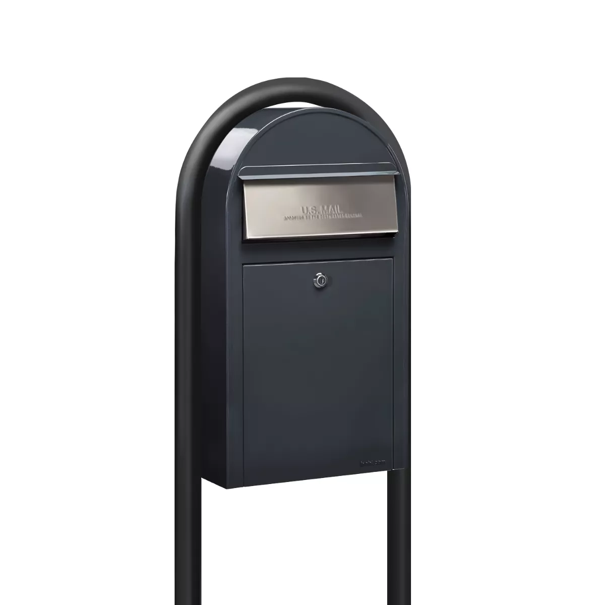 USPS Approved Bobi Grande Slim Front Access Modern Locking Grey Mailbox with Stainless Steel Mail Slot and Round Black Post Combo Product Image
