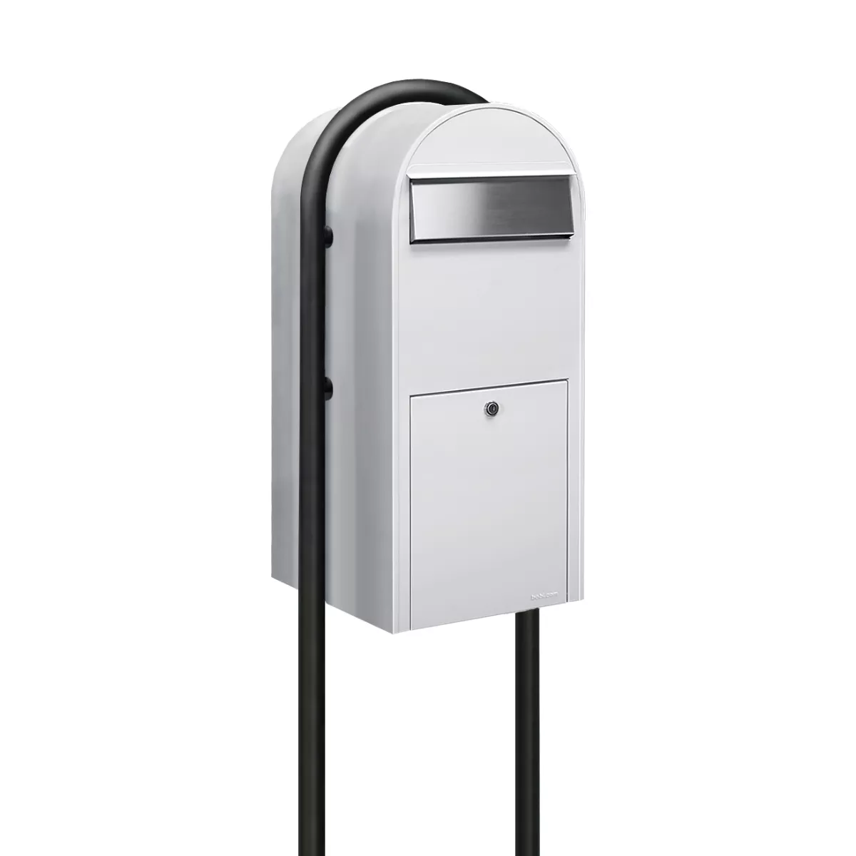 Bobi Jumbo Front Access Package White Mailbox with Stainless Steel Mail Slot and Round Black Post Combo Product Image