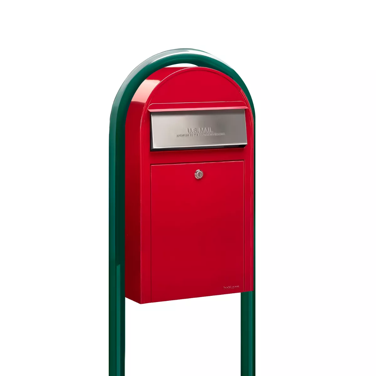 USPS Approved Bobi Grande Slim Front Access Modern Locking Red Mailbox with Stainless Steel Mail Slot and Round Green Post Combo Product Image