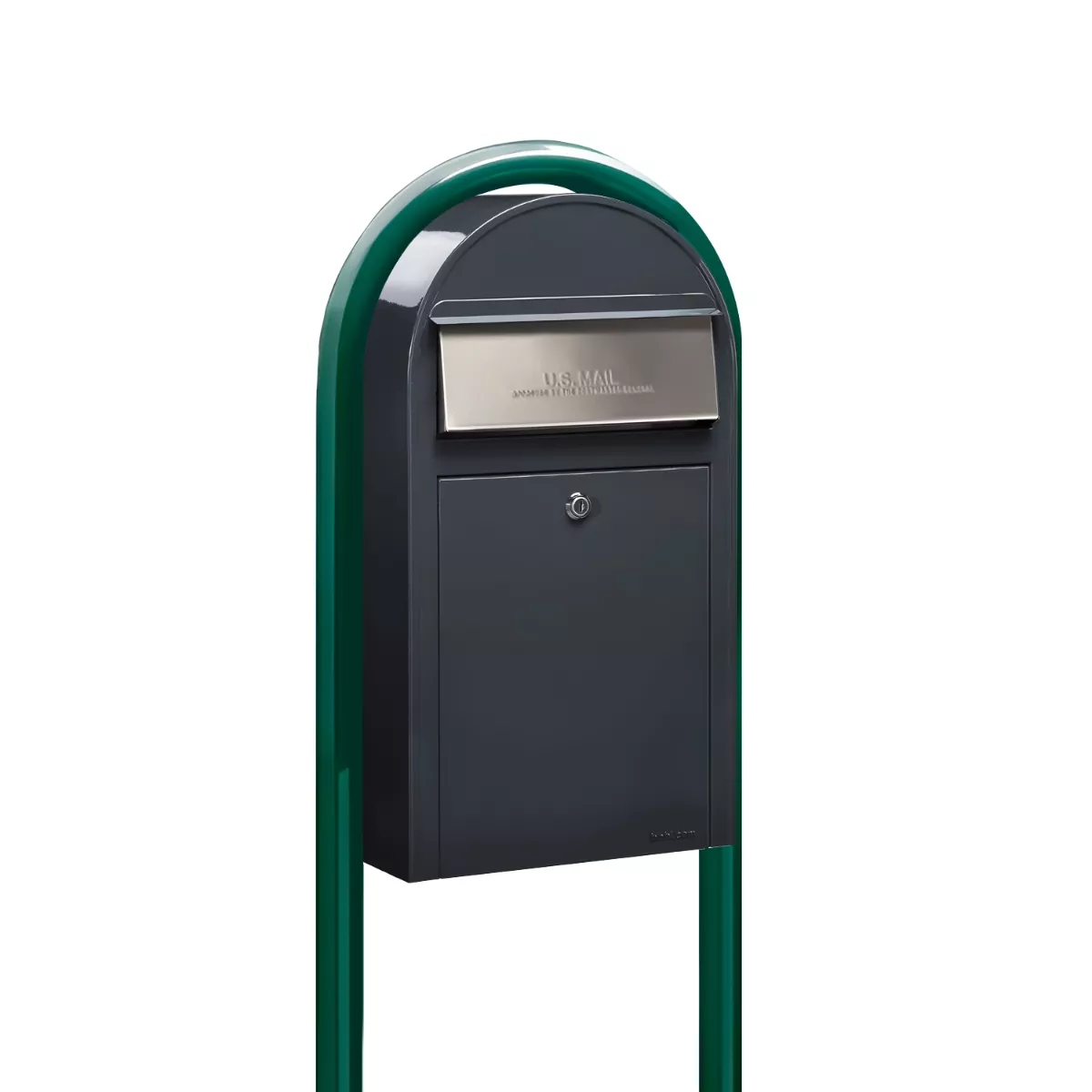 USPS Approved Bobi Grande Slim Front Access Modern Locking Grey Mailbox with Stainless Steel Mail Slot and Round Green Post Combo Product Image