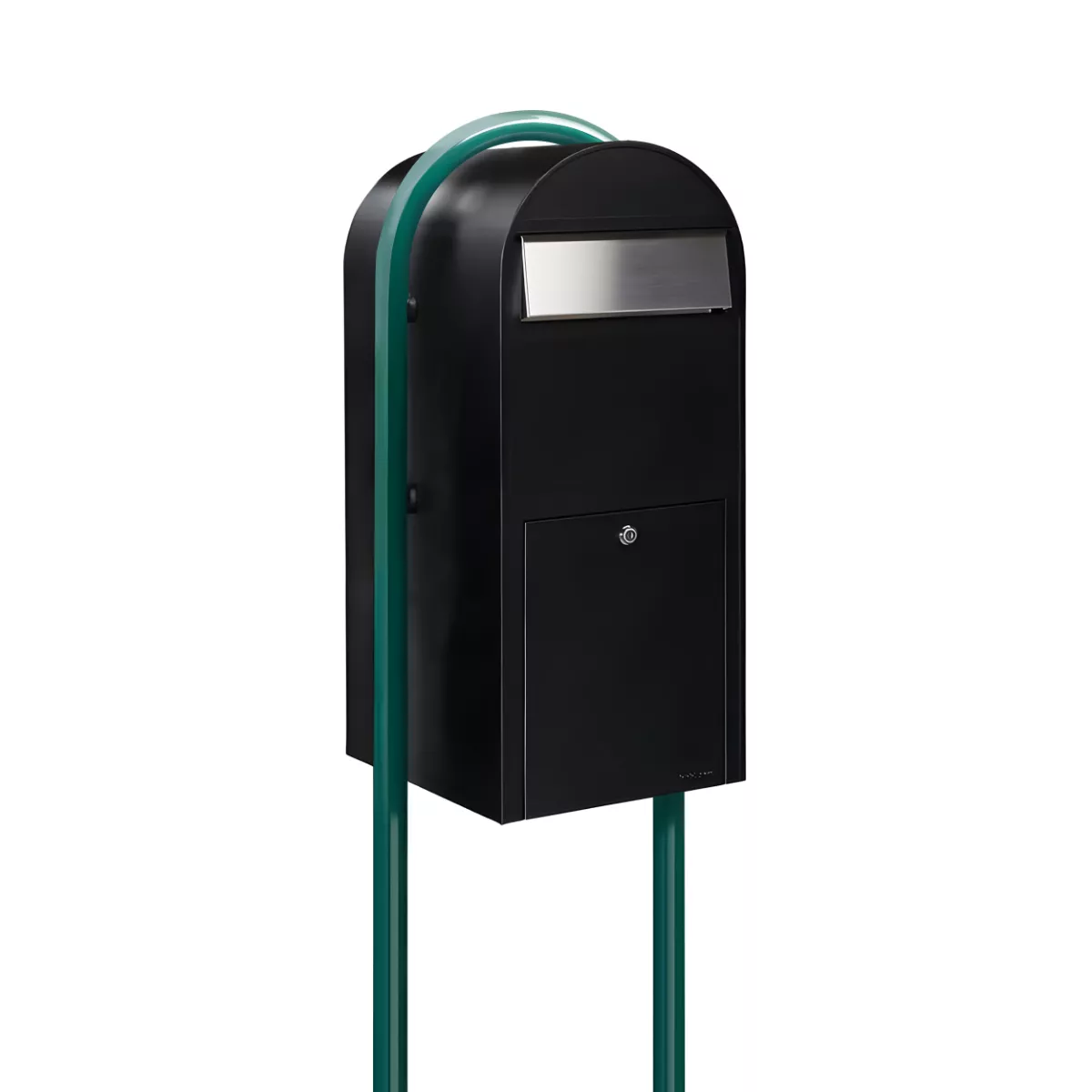 Bobi Jumbo Front Access Package Black Mailbox with Stainless Steel Mail Slot and Round Green Post Combo Product Image
