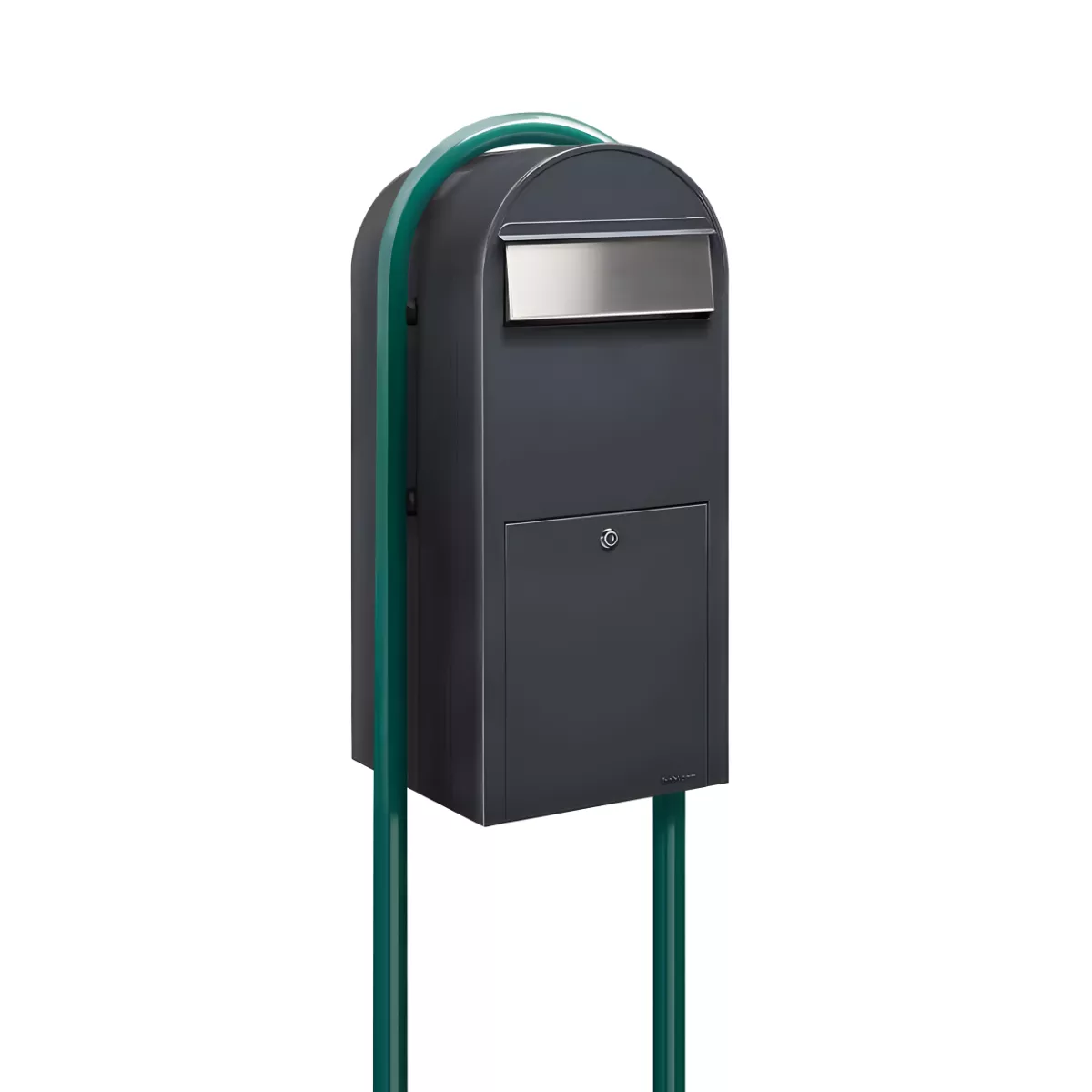 Bobi Jumbo Front Access Package Grey Mailbox with Stainless Steel Mail Slot and Round Green Post Combo Product Image