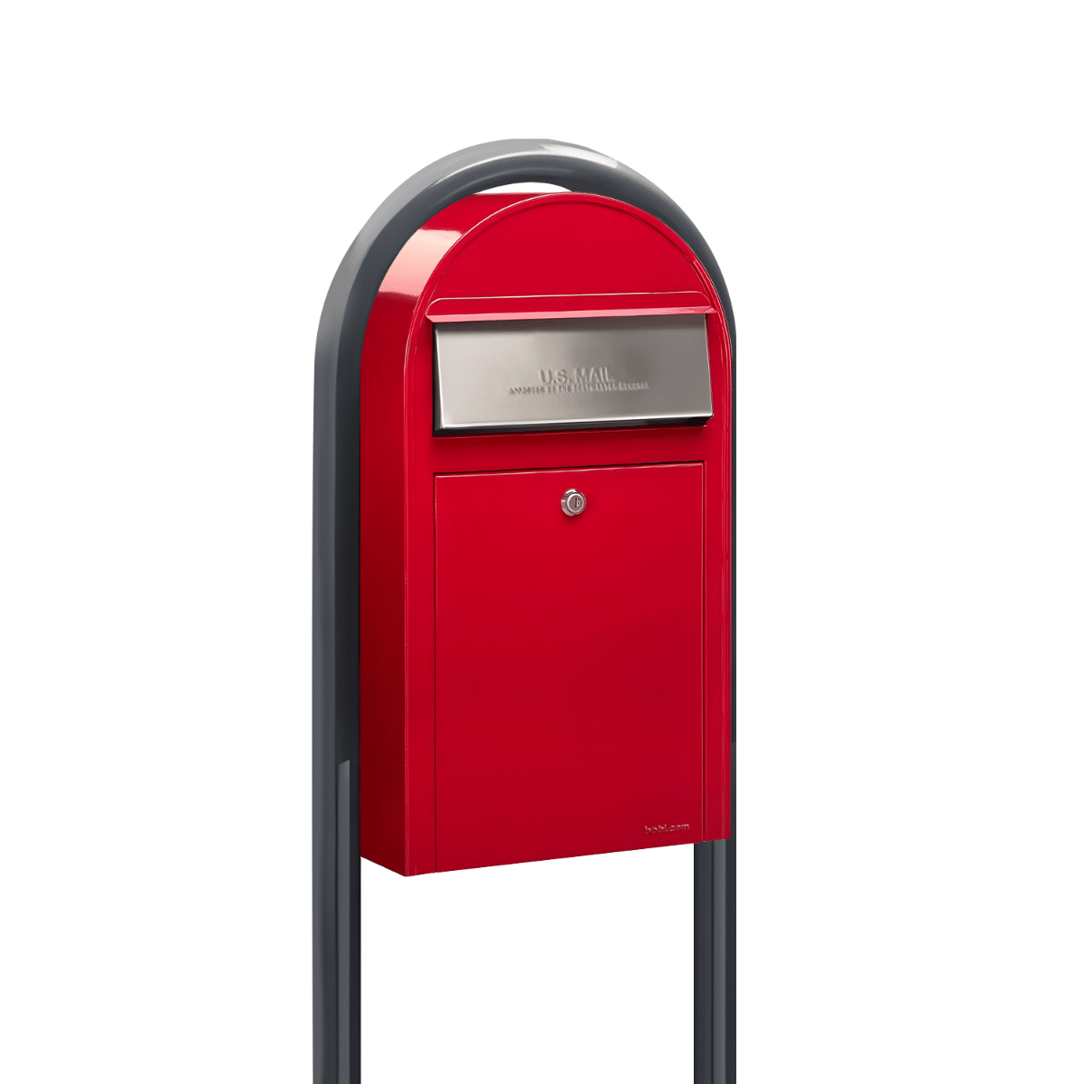 USPS Approved Bobi Grande Slim Front Access Modern Locking Red Mailbox with Stainless Steel Mail Slot and Round Grey Post Combo Product Image