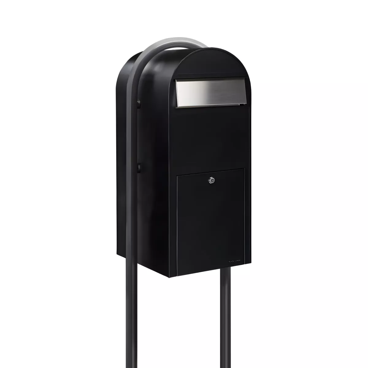 Bobi Jumbo Front Access Package Black Mailbox with Stainless Steel Mail Slot and Round Grey Post Combo Product Image