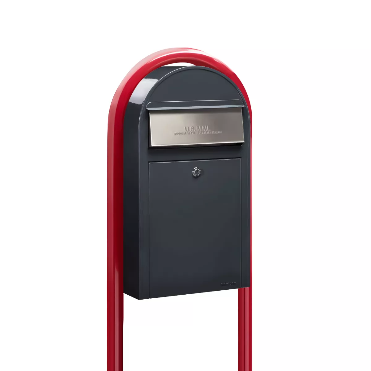 USPS Approved Bobi Grande Slim Front Access Modern Locking Grey Mailbox with Stainless Steel Mail Slot and Round Red Post Combo Product Image