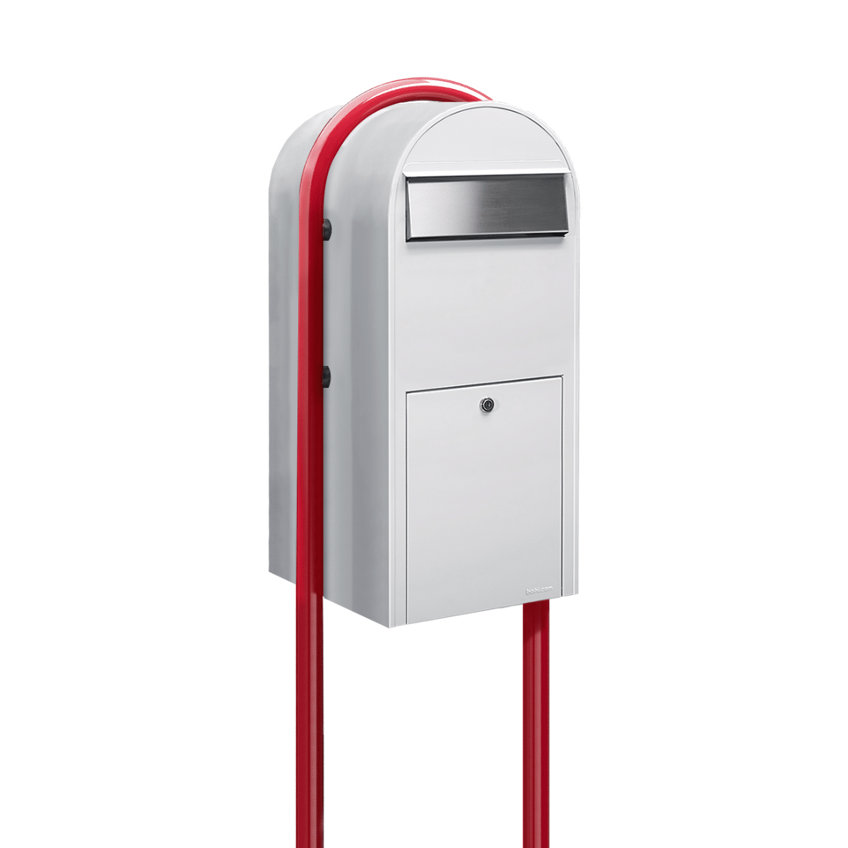 Bobi Jumbo Front Access Package White Mailbox with Stainless Steel Mail Slot and Round Red Post Combo Product Image