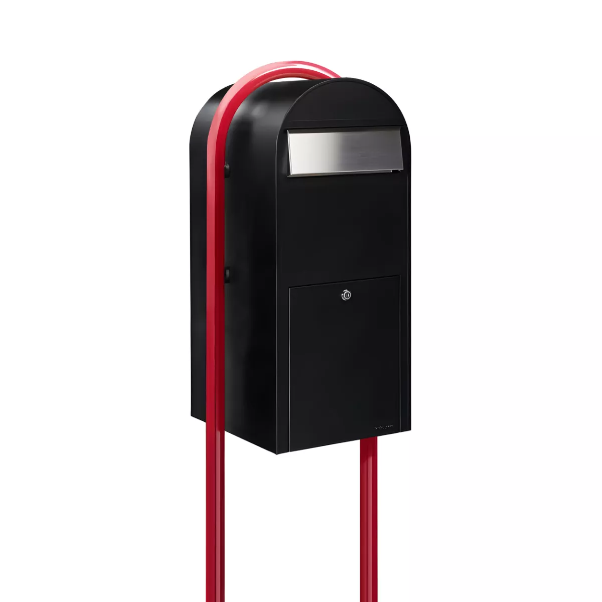 Bobi Jumbo Front Access Package Black Mailbox with Stainless Steel Mail Slot and Round Red Post Combo Product Image