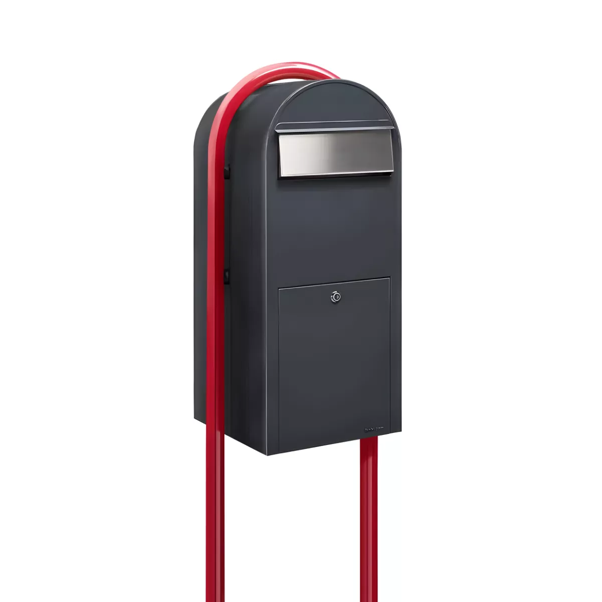 Bobi Jumbo Front Access Package Grey Mailbox with Stainless Steel Mail Slot and Round Red Post Combo Product Image