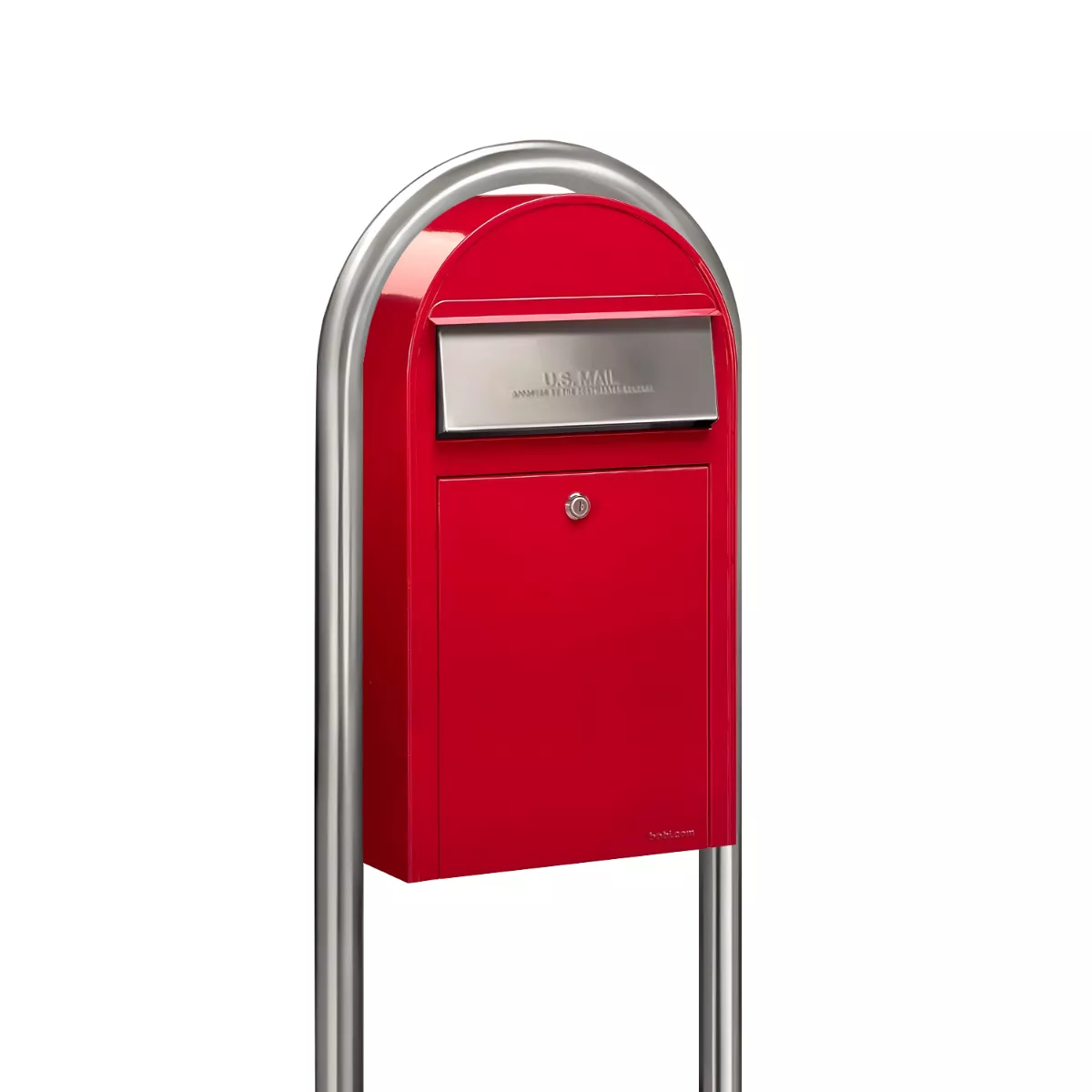 USPS Approved Bobi Grande Slim Front Access Modern Locking Red Mailbox with Round Stainless Steel Post Combo Product Image